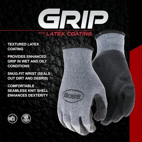 Miniatura 6 de Boss Guantes de trabajo con revestimiento de látex texturizado para hombre, resistentes al agua, carcasa de poliéster de calibre 13, gris/negro
