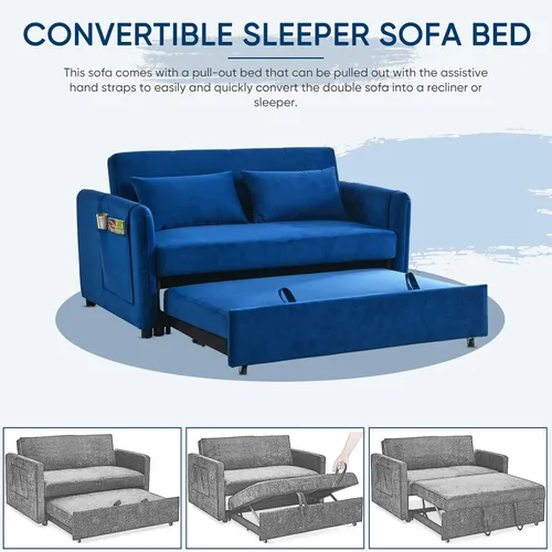 Miniatura 6 de Deolme Sofá cama convertible 3 en 1, moderno sofá biplaza de terciopelo con bolsillos laterales de almacenamiento y almohadas, sofá biplaza pequeño