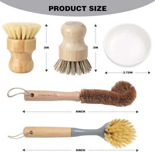 Miniatura 3 de Juego de 4 cepillos de bambú natural para limpiar botellas, con dispensador de jabón de cerámica, cepillos de madera con asas resistentes