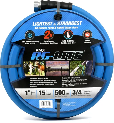AG-LITE BSALONE15 - Manguera de jardín de goma para agua caliente/fría de 1 pulgada x 15 pies, 100% goma, ultraligera, súper fuerte, 500 PSI, 50F a