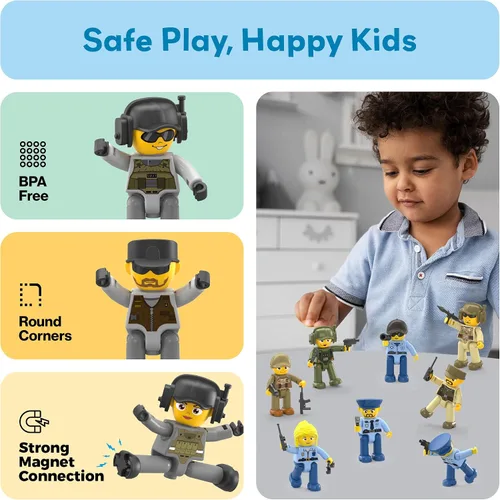 Miniatura 6 de Picasso Toys - Figuras de acción magnéticas de personajes de aplicación de la ley para bloques de construcción de baldosas de juguete, juego