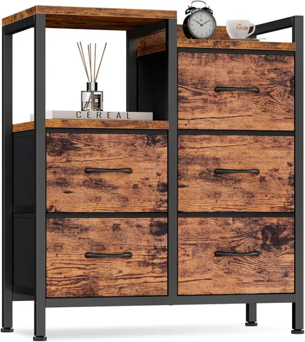Miniatura 9 de Furnulem Cómodas Negras de 5 Cajones para Dormitorio Estante de 2 Niveles Almacenamiento Cómoda de Tela Pequeña para Closet Marco de Metal Roble