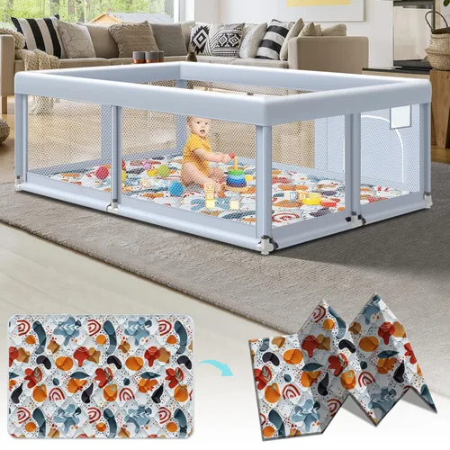 Miniatura 8 de Fshibila Corralito para bebés con alfombra, corralitos para bebés y niños pequeños, corralito de juego BabyFence para interiores y exteriores, patio