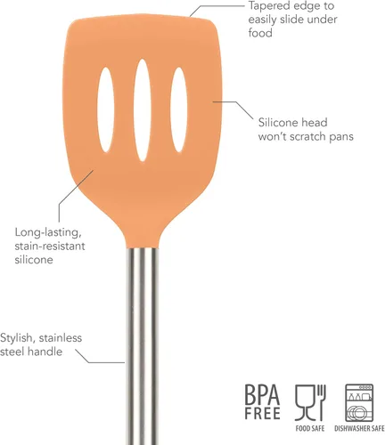 Miniatura 3 de Tovolo Espátula de silicona ranurada con mango ranurado de acero inoxidable de 10 pulgadas, color naranja albaricoque, resistente al calor,