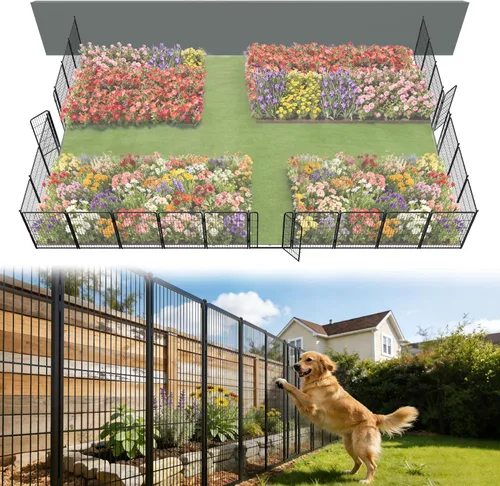 Miniatura 53 de FXW - Valla de jardín metálica y resistente para exteriores, barrera para perros y conejos, fácil instalación, negro, 24 pulgadas de alto x 29.6