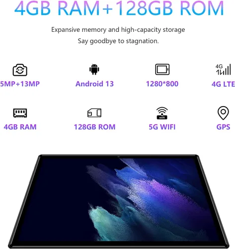 Miniatura 2 de Tabletas Android 2024, nueva tableta desbloqueada Octa-Core Android 13 con ranura para tarjeta SIM, 128 GB ROM+4 GB RAM, cámara de 10 pulgadas, 5