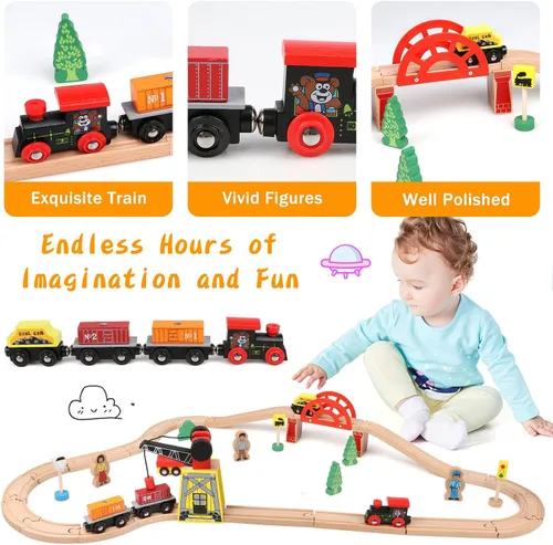 Miniatura 2 de Juego de trenes de madera Qilay para niños pequeños - 39 piezas de vías de tren de madera con grúa, puente y 5 trenes de madera - Juguetes de trenes