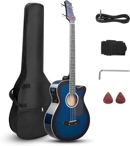 Ktaxon Bajo acústico de 4 cuerdas, tamaño completo, kit de bajo con bolsa portátil, cable premium, llave, correa, púa (Azul)