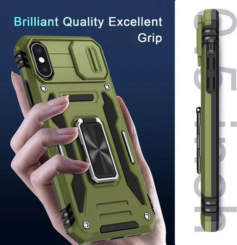 Miniatura 287 de DEERLAMN Funda para iPhone Xs Max con funda deslizante para cámara + protector de pantalla, soporte giratorio de anillo de grado militar a prueba