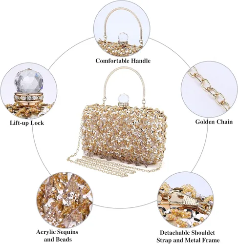 Miniatura 4 de UBORSE Bolso de noche con lentejuelas brillantes de diamantes de imitación para mujer, estilo vintage, con cuentas de cristal, para cóctel, fiesta