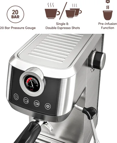 Miniatura 3 de Máquina de espresso Wirsh, máquina de espresso semiautomática de 20 bares con medidor de presión, varilla de vapor, máquina de café expresso