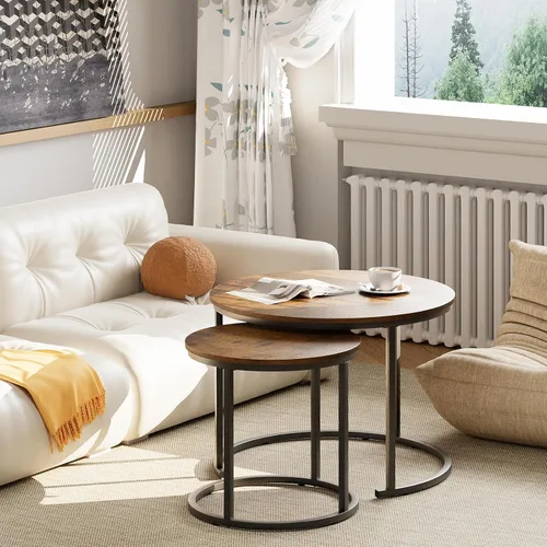 Miniatura 7 de aboxoo - Mesa de centro apilable redonda, juego de 2 mesas laterales con marco de metal resistente para sala de estar, dormitorio, apartamento