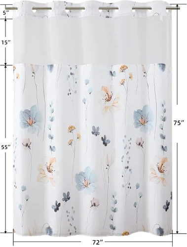 Miniatura 9 de QiyI Cortina de ducha de flores con forro a presión, cortina de baño de tela floral de acuarela azul beige, cortinas de ducha sin gancho con ventana