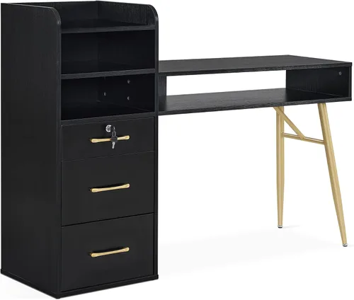 BarberPub Mesa de manicura con 3 cajones y 4 estantes, escritorio de uñas con asas y patas doradas, mesa de uñas para tecnología de uñas, equipo de