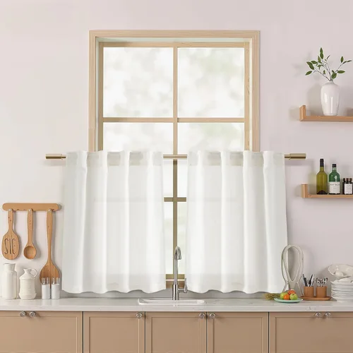 Nanspring - Cortinas cortas de lino semitraslúcidas, con pestañas traseras y jareta, filtrado de luz; para cocina, ventana pequeña, sótano, Café