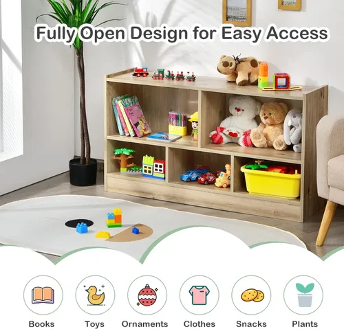 Miniatura 6 de HONEY JOY Organizador de almacenamiento de juguetes para niños, estante de almacenamiento de 5 secciones para preescolar, 2 niveles de madera Natural