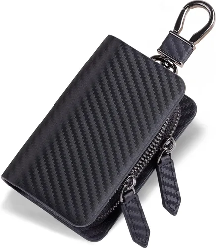 VISOUL Funda para Llave de Coche con Doble Cremallera, Funda de Llavero Inteligente de Cuero para Coche con Llavero para Hombres y Mujeres