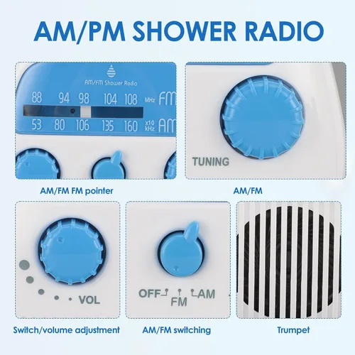 Miniatura 7 de Radio de ducha con altavoz integrado, radio de baño colgante con perilla giratoria para una fácil afinación y control de volumen.