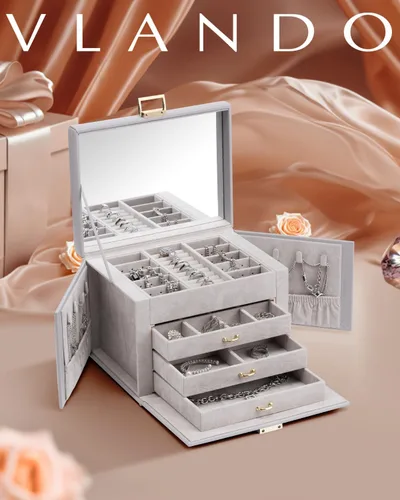 Miniatura 2 de Vlando Joyero de 4 niveles, cajas de joyería y organizadores con asa, 3 cajones de viaje con espejo, almacenamiento de joyas, aretes, collares