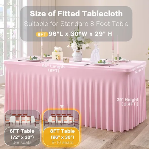 Miniatura 6 de Paquete de 2 manteles de spandex para mesas rectangulares de 8 pies, mantel elástico rosa de 8 pies, manteles ajustados, falda de mesa para fiestas