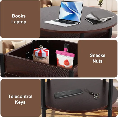 Miniatura 6 de FAHKNS Mesa auxiliar redonda con parte superior elevable con almacenamiento y compartimento oculto, mesa circular de dos niveles de 26.77 pulgadas