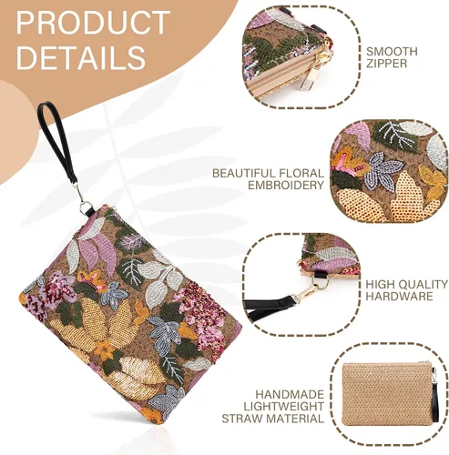 Miniatura 3 de ER.Roulour Bolso de paja de verano para mujer, bordado floral, bolso de mano de paja tejido para playa, fiesta, boda