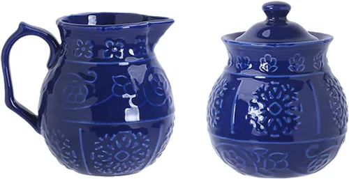 CHOOLD Juego de azúcar y crema de cerámica en relieve azul con tapa, cuchara y crema, juego de servir café, 10 onzas Rosa