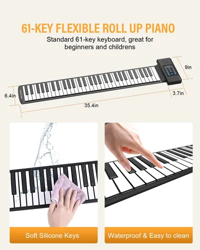Miniatura 2 de KONIX Piano portátil recargable enrollable de 61 teclas, piano de mano mejorado con teclado flexible de silicona, salida MIDI, conexión