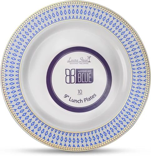 Miniatura 6 de Laura Stein - Platos desechables de plástico pesado de alta calidad con borde azul y dorado para fiestas y bodas, platos desechables de la serie