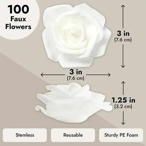 Miniatura 3 de Juvale Rosas artificiales de flores blancas, flores artificiales para decoración de bodas y centros de mesa, paquete de 100, 3 pulgadas de diámetro