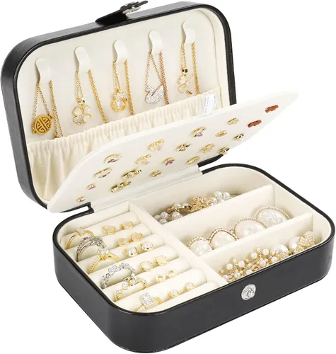Mpeyuiltic Joyero de viaje, estuche de joyería portátil de piel sintética pequeño para mujeres y niñas, organizador de joyas de viaje de doble capa