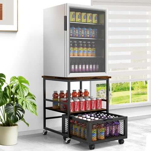Mini soporte móvil para refrigerador de 19.7 x 19.7 pulgadas con 3 almacenamientos, mesa pequeña para refrigerador de bebidas con ruedas, carrito