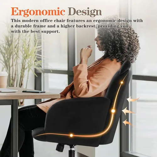 Miniatura 9 de IWMH Silla de oficina en casa, silla de escritorio de asiento ancho, lindas sillas giratorias de terciopelo para tocador, sillas de tareas con Negro