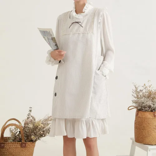 Miniatura 2 de Delantal de lino de algodón color blanco trigo encaje y arco decoración delantales estilo japonés chica estilo botón lateral cocina ropa