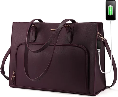 Miniatura 9 de LOVEVOOK Bolsa para laptop de 15.6 pulgadas para mujer, impermeable, con puerto de carga USB, maletín de mano y hombro de cuero sintético, bolsa