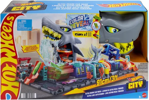 Miniatura 7 de Hot Wheels Juego de pistas de ciudad, lavado de autos Ultra Shark con vehículo de juguete de revelación de color a escala 1:64, función de cambio