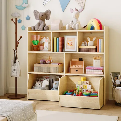 Miniatura 8 de GarveeHome Estante de almacenamiento de juguetes, estantería para niños, estante de lectura con cajones móviles, caja organizadora de almacenamiento