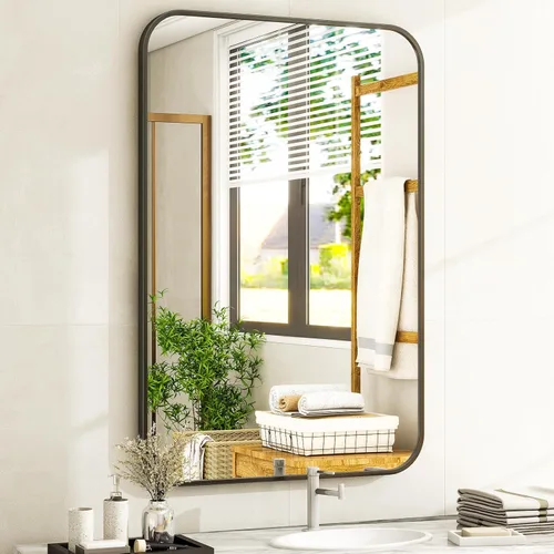 Miniatura 21 de Espejo de baño negro de 36 x 24 pulgadas, moderno espejo rectangular negro para pared con esquinas redondeadas, espejos de baño para tocador, espejo