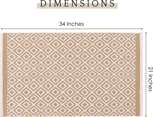 Miniatura 2 de RAJRANG Alfombra de baño de algodón tejida con patrón geométrico de diamante, alfombras reversibles, lavables a máquina, duraderas, color beige