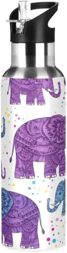 Insulated Water Bottle 20 Oz, BPA-Free Sport Water Bottle for Gym Outdoor Travel School, Cute Purple Elephants Purple Blue