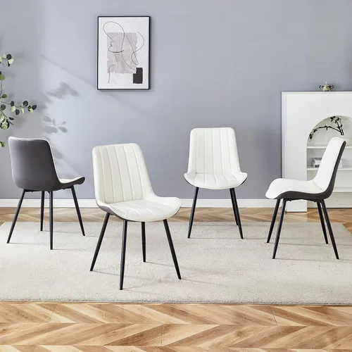 Miniatura 7 de Juego de 4 sillas de comedor de piel sintética, modernas sillas de comedor con respaldo de asiento acolchado + patas de metal, sillas tapizadas