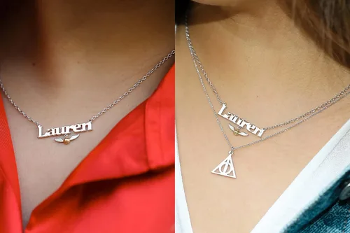 Miniatura 3 de Harry Potter Collar con nombre personalizado chapado en oro de 14 quilates y collar de plata de ley personalizado elige estilo color Reliquias