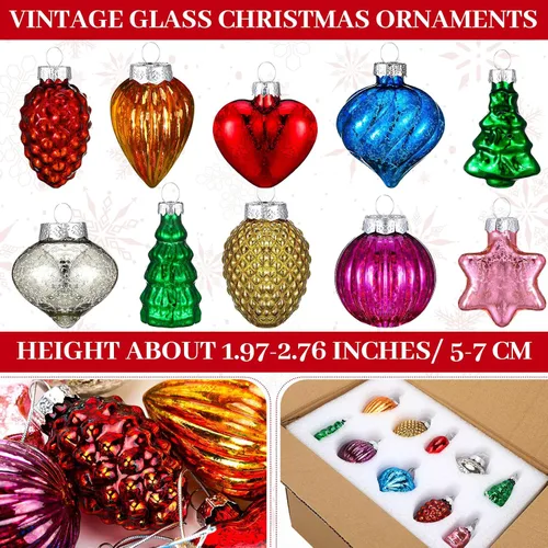Miniatura 3 de Moucuny 30 adornos de cristal retro vintage de Navidad a granel, mini adornos antiguos de vidrio de mercurio para árbol de Navidad, bola soplada a