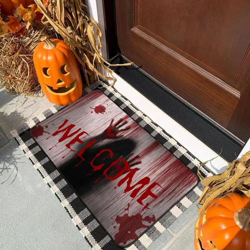 Miniatura 3 de Tapete de puerta de terror para decoración de Halloween, tapete de bienvenida de sangre de 17 x 30 pulgadas, tapetes de goma de lino antideslizantes