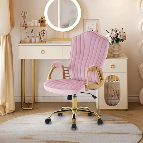 Miniatura 4 de Silla de oficina en casa de terciopelo con brazos y patas dorados, cómoda silla de escritorio giratoria tapizada y capitonada, cómoda con ruedas Rosa