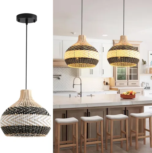 Miniatura 11 de Lámpara Colgante de Ratán 1 Paquete Candelabro de Cesta de Ratán Sintético Negro Blanco 11.8" Boho Tejido a Mano Ovalado de Mimbre Lámpara Colgante