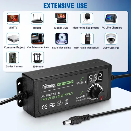 Miniatura 5 de Facmogu Fuente de alimentación ajustable de 3V-12V 5A 60W con pantalla LED, CC variable 3V 5V 6V 9V 12V Adaptador universal AC/DC, 100V-240V AC a DC