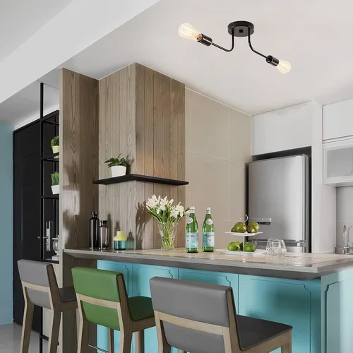 Miniatura 4 de 2 lámparas de techo industriales semiempotradas con ramificación de metal ajustable, soporte E26, pintado en negro, para cocina, sala de estar