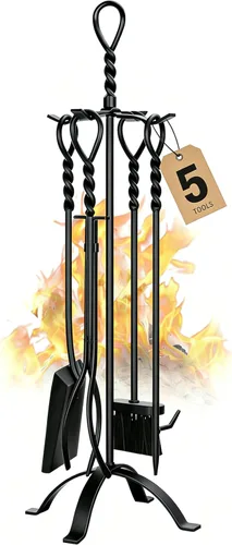 Gtongoko Juego de herramientas para chimenea de 35 pulgadas, 5 piezas, color negro, hierro forjado macizo, juego grande de herramientas de fuego