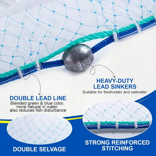 Miniatura 2 de Goture American Fishing Cast Net Saltwater Freshwater, 3/8in Mesh Size Casting Net for Bait Fish Shrimp Trap, Dual Color Double Selvage Add Tape